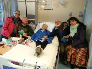 Fay in hospital Dec 2019 surrounded by friends photo Cornelia Featherstone