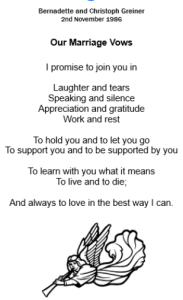 Bernadette and Christoph Greiner Marriage vows 1986