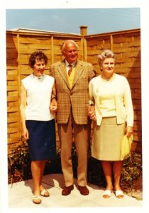 1971 Joanie, Peter and Eileen on the Original Caravan patio photo Findhorn Community bought by Marilyn Barry during her visit