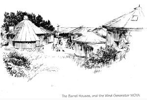 The Barrel Houses and the Wind Generator MOYA drawing by Harley Miller for Sights&Insights