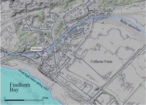 Illus 2a: 1m LiDAR of the area around the midden showing the relic shoreline consisting of a raised beach (Scottish Remote Sensing Portal)