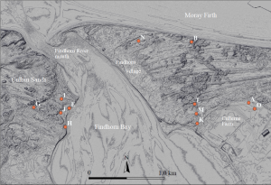 Illus 2b: Middens on the shore or near Findhorn Bay discussed in the text. The base image is a digital terrain model (DTM) of 1m resolution with 0.5m contours (Scottish Remote Sensing Portal)