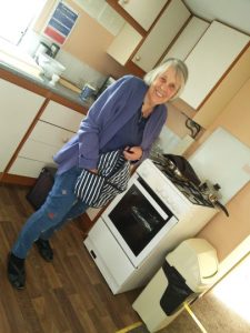 Cally in her holiday caravan May 2018 photo Cornelia Featherstone