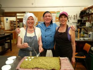 Cooking in Cluny kitchen - Beatrix, Sharon and Stewart photo Cornelia Featherstone